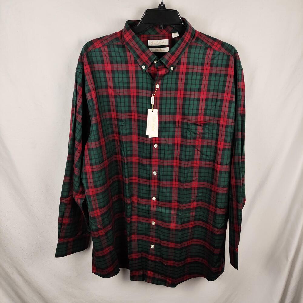 Roundtree & Yorke Gold Label Shirt Mens 2XB Red Green Plaid Button Down Non Iron